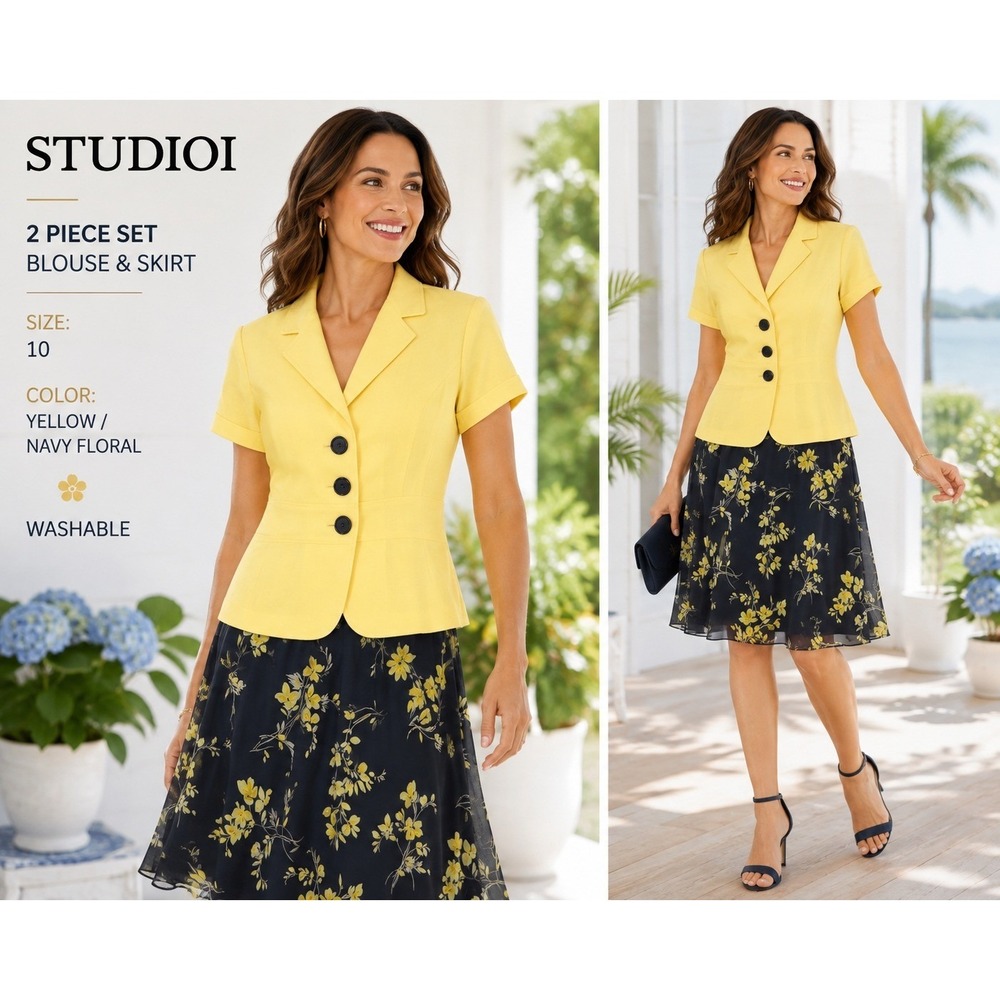 NWT STUDIO I 2-Piece Skirt Suit Women's 10 Yellow Black Floral Jacket #1851